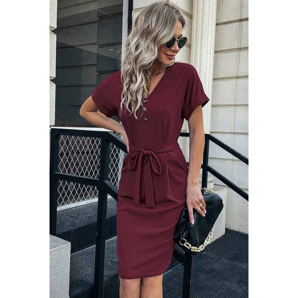 Solid Button Detail Cuffed Pocket Short Dress - Picture 9 of 9
